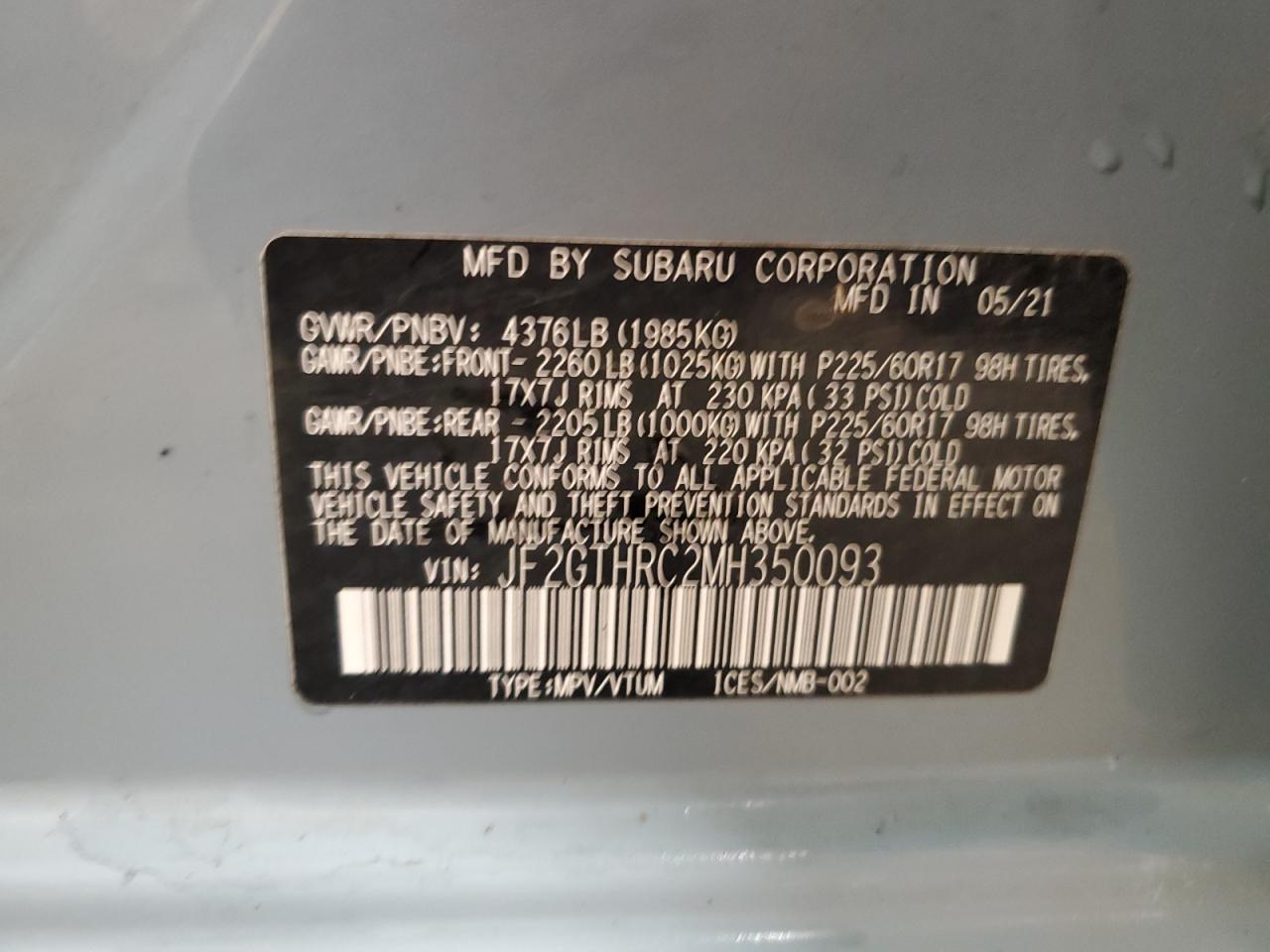 2021 Subaru Crosstrek Sport VIN: JF2GTHRC2MH350093 Lot: 67933435