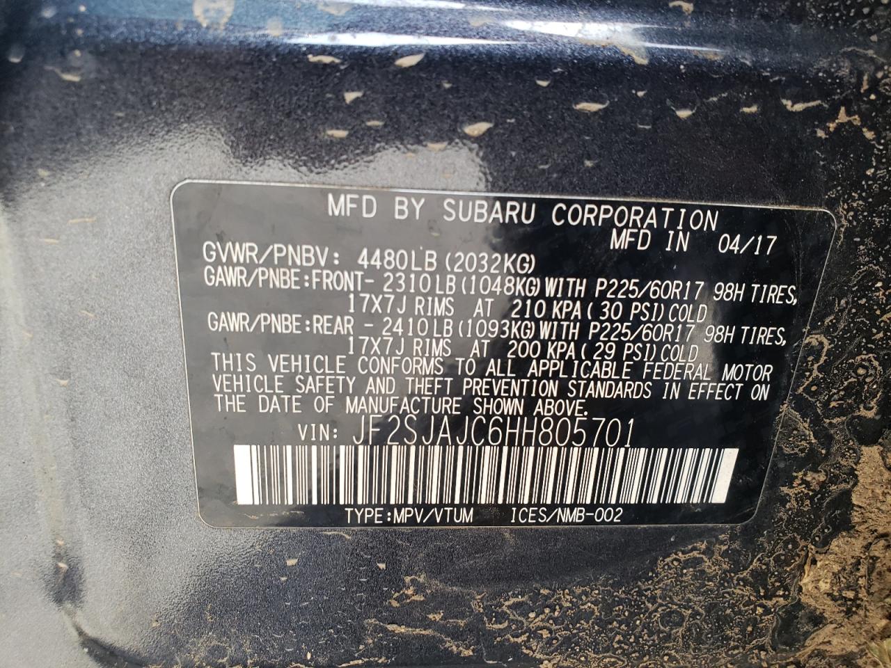 2017 Subaru Forester 2.5I Limited VIN: JF2SJAJC6HH805701 Lot: 70824035
