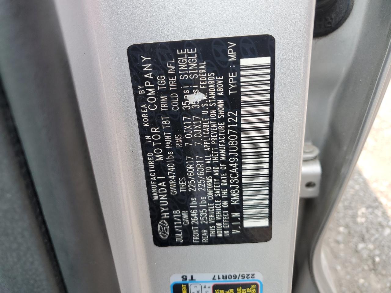 KM8J3CA49JU807122 2018 Hyundai Tucson Sel