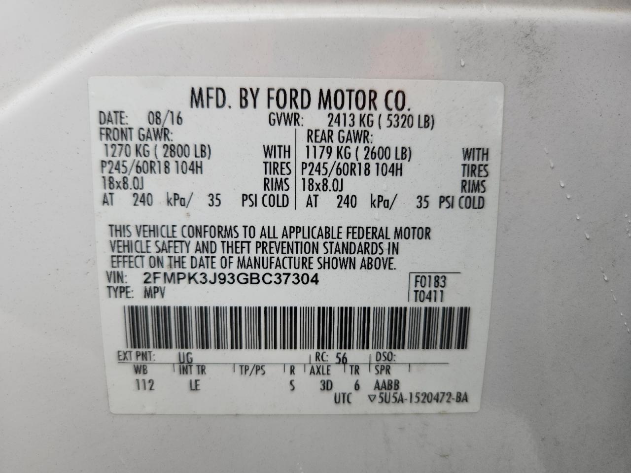 2016 Ford Edge Sel VIN: 2FMPK3J93GBC37304 Lot: 70219785