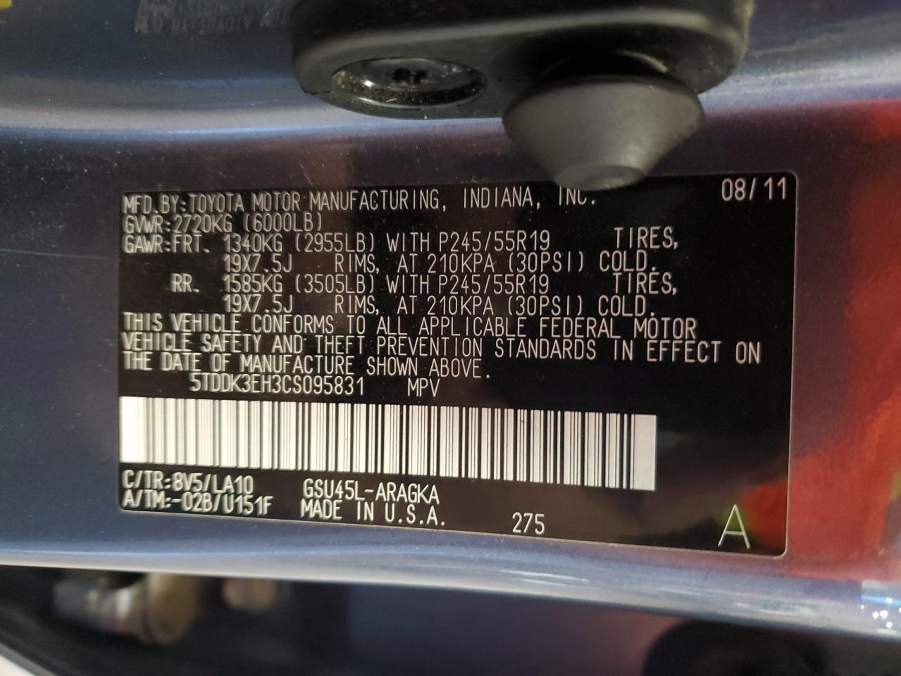 2012 Toyota Highlander Limited VIN: 5TDDK3EH3CS095831 Lot: 69242255