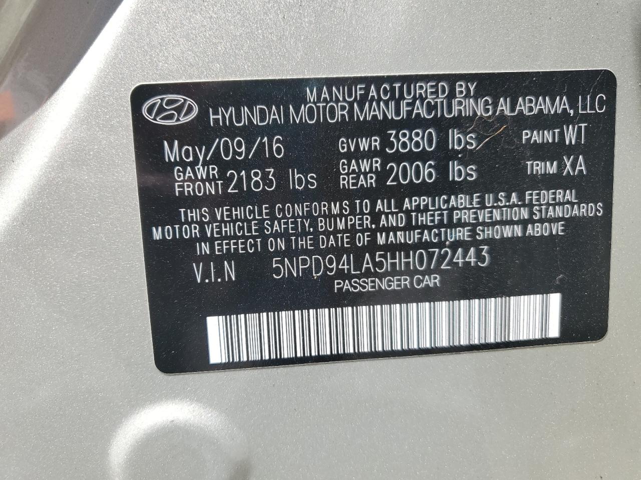 2017 Hyundai Elantra Eco VIN: 5NPD94LA5HH072443 Lot: 68760725