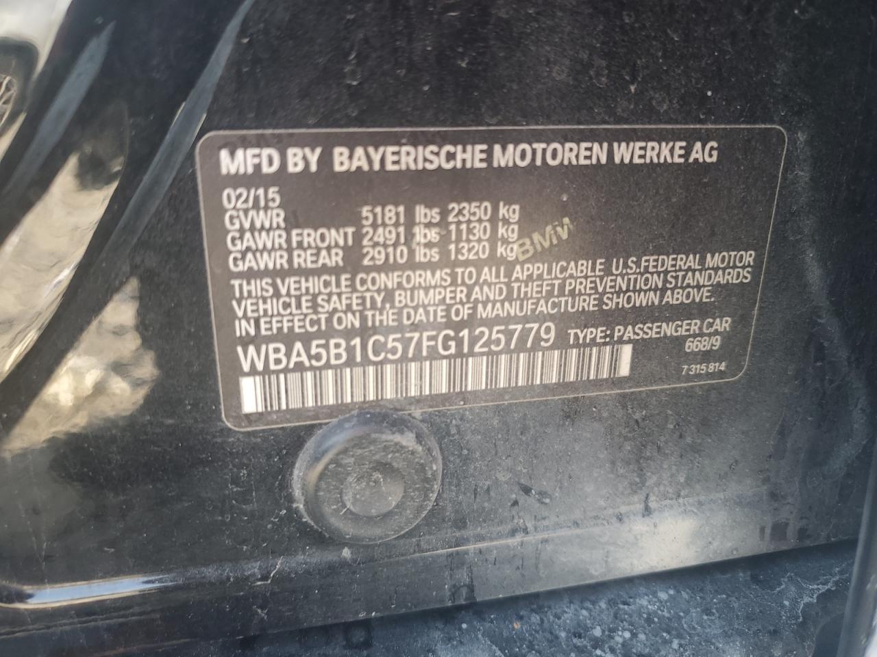 2015 BMW 535 I VIN: WBA5B1C57FG125779 Lot: 67974615