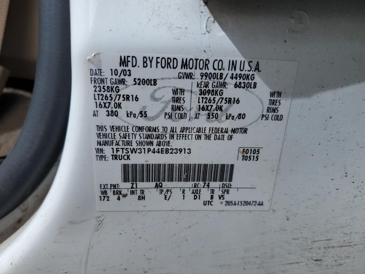 2004 Ford F350 Srw Super Duty VIN: 1FTSW31P44EB23913 Lot: 70802485