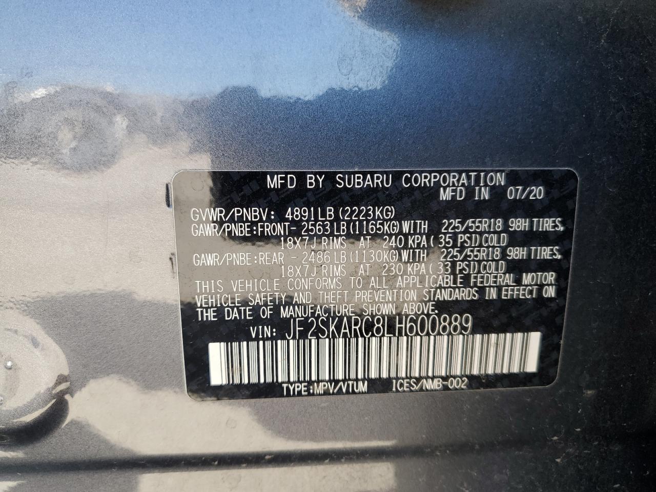 2020 Subaru Forester Sport VIN: JF2SKARC8LH600889 Lot: 69438875