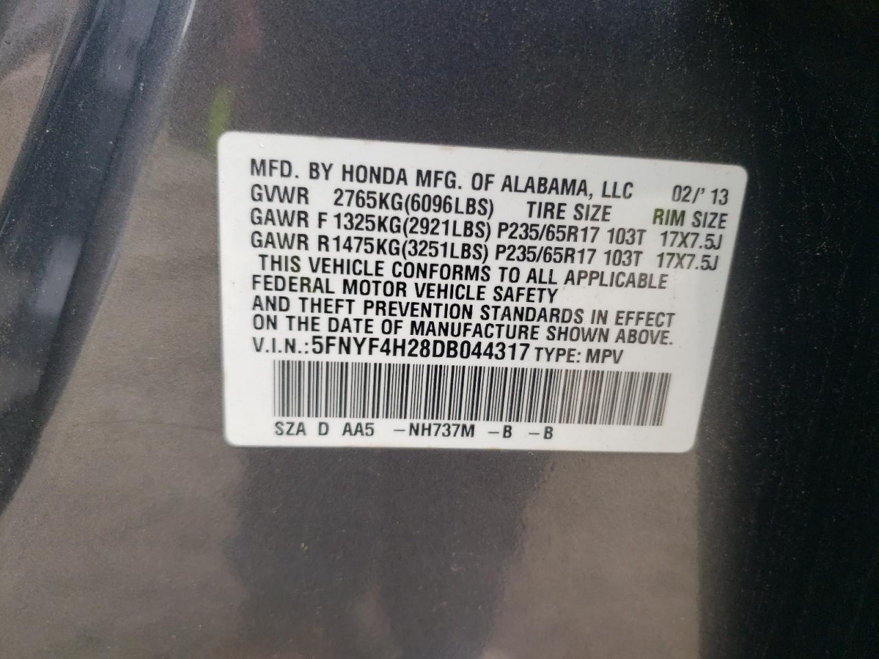 2013 Honda Pilot Lx VIN: 5FNYF4H28DB044317 Lot: 69905245