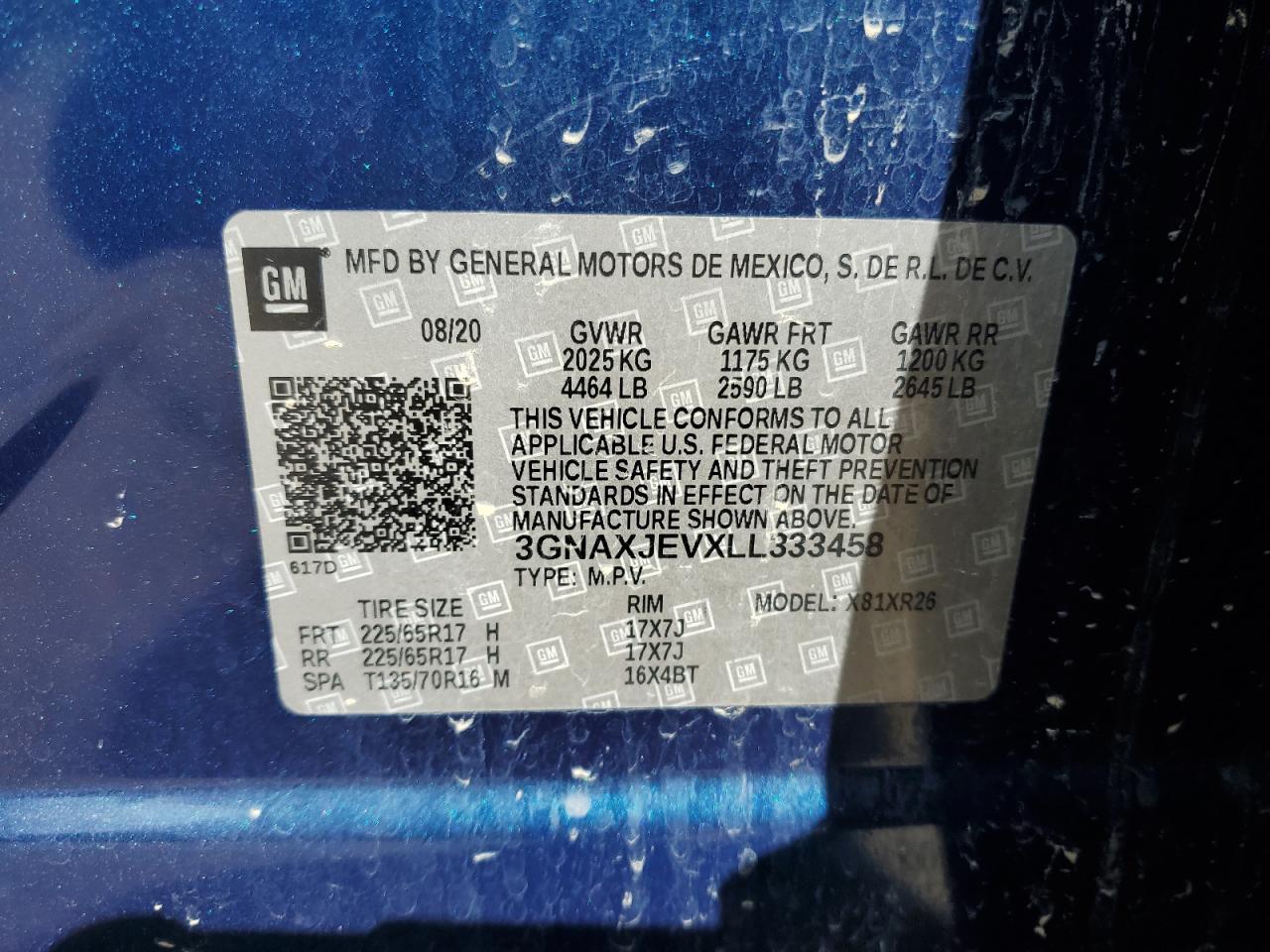 2020 Chevrolet Equinox Lt VIN: 3GNAXJEVXLL333458 Lot: 70954115