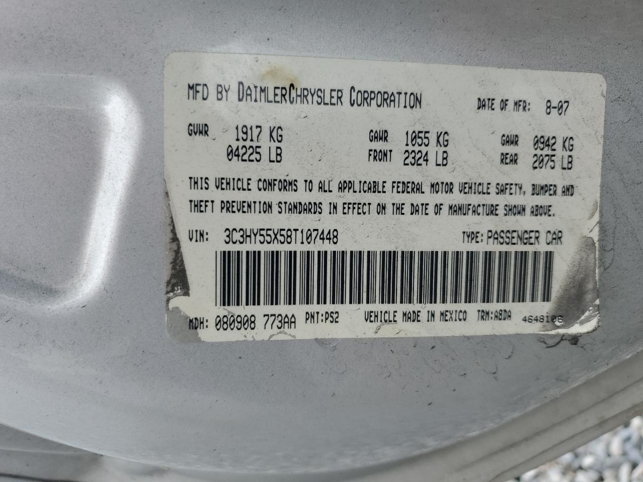 2008 Chrysler Pt Cruiser Touring VIN: 3C3HY55X58T107448 Lot: 69386135