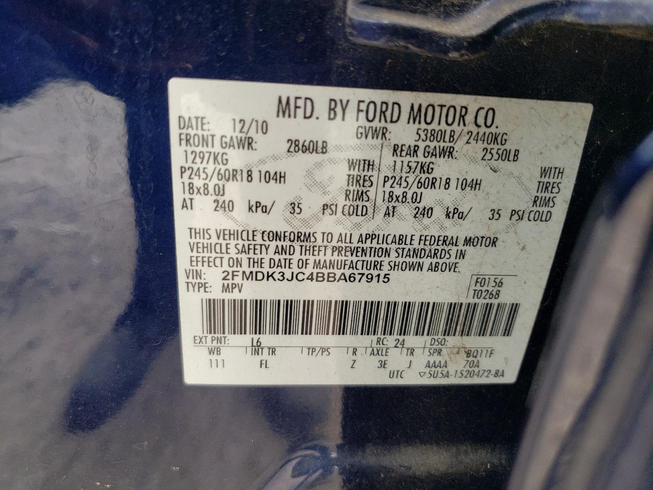 2011 Ford Edge Sel VIN: 2FMDK3JC4BBA67915 Lot: 70429075