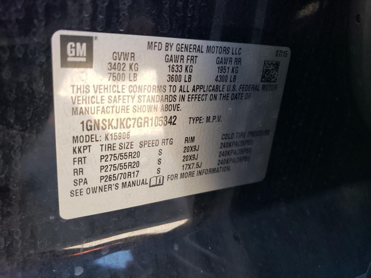 2016 Chevrolet Suburban K1500 Ltz VIN: 1GNSKJKC7GR105342 Lot: 68536385
