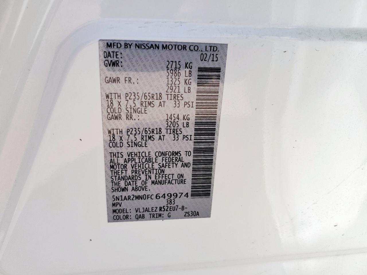 2015 Nissan Pathfinder S VIN: 5N1AR2MN0FC649974 Lot: 68195605