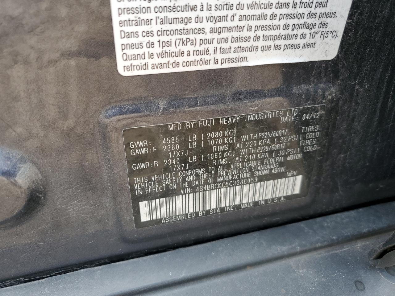 4S4BRCKC5C3286059 2012 Subaru Outback 2.5I Limited