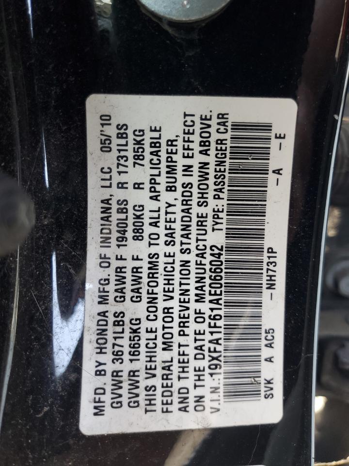 2010 Honda Civic Lx-S VIN: 19XFA1F61AE066042 Lot: 67751455