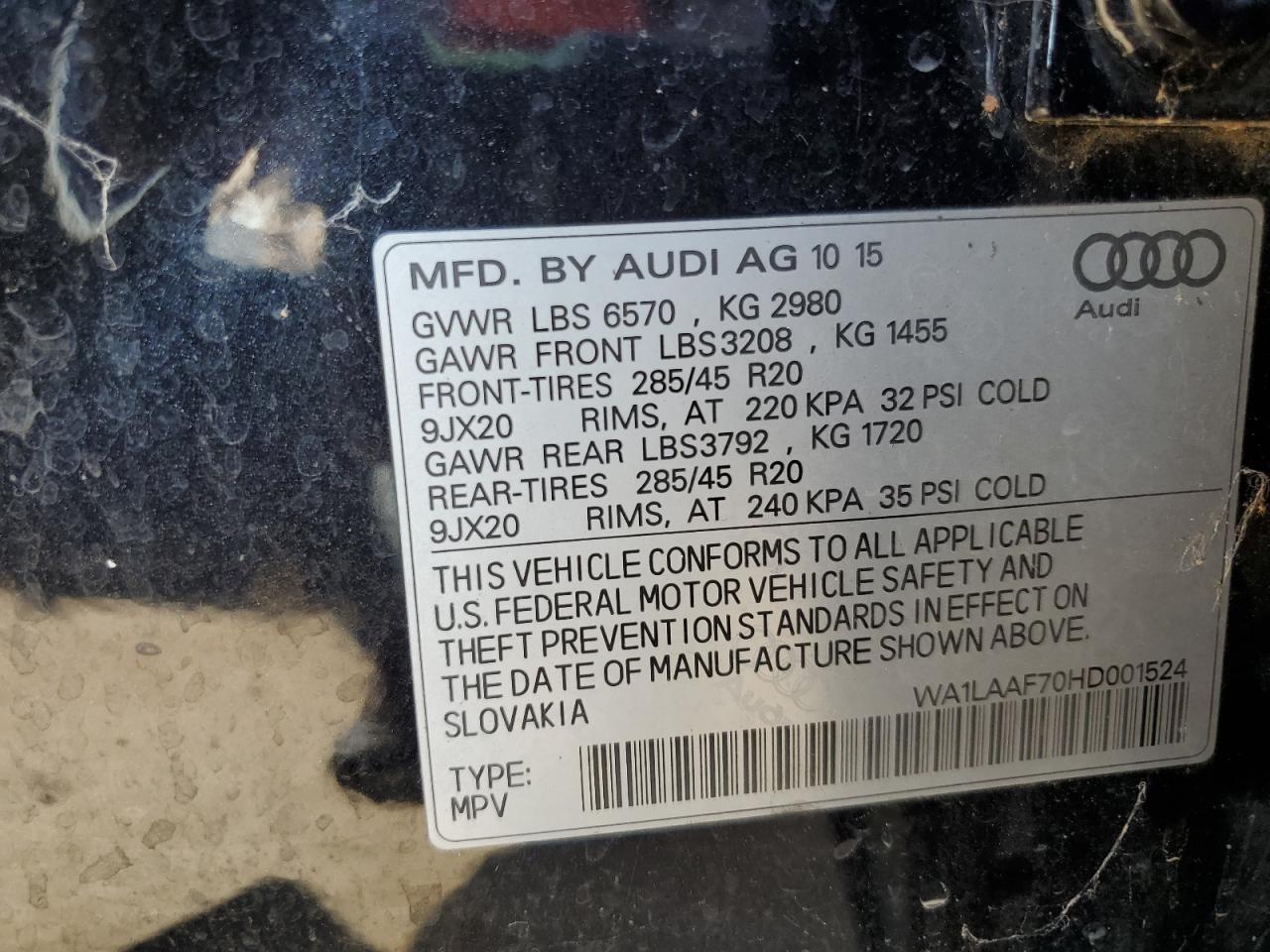 2017 Audi Q7 Premium Plus VIN: WA1LAAF70HD001524 Lot: 68284225