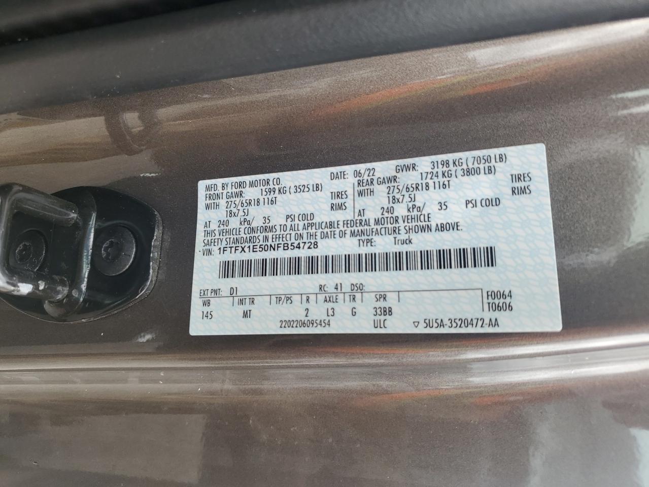 2022 Ford F150 Super Cab VIN: 1FTFX1E50NFB54728 Lot: 69506875