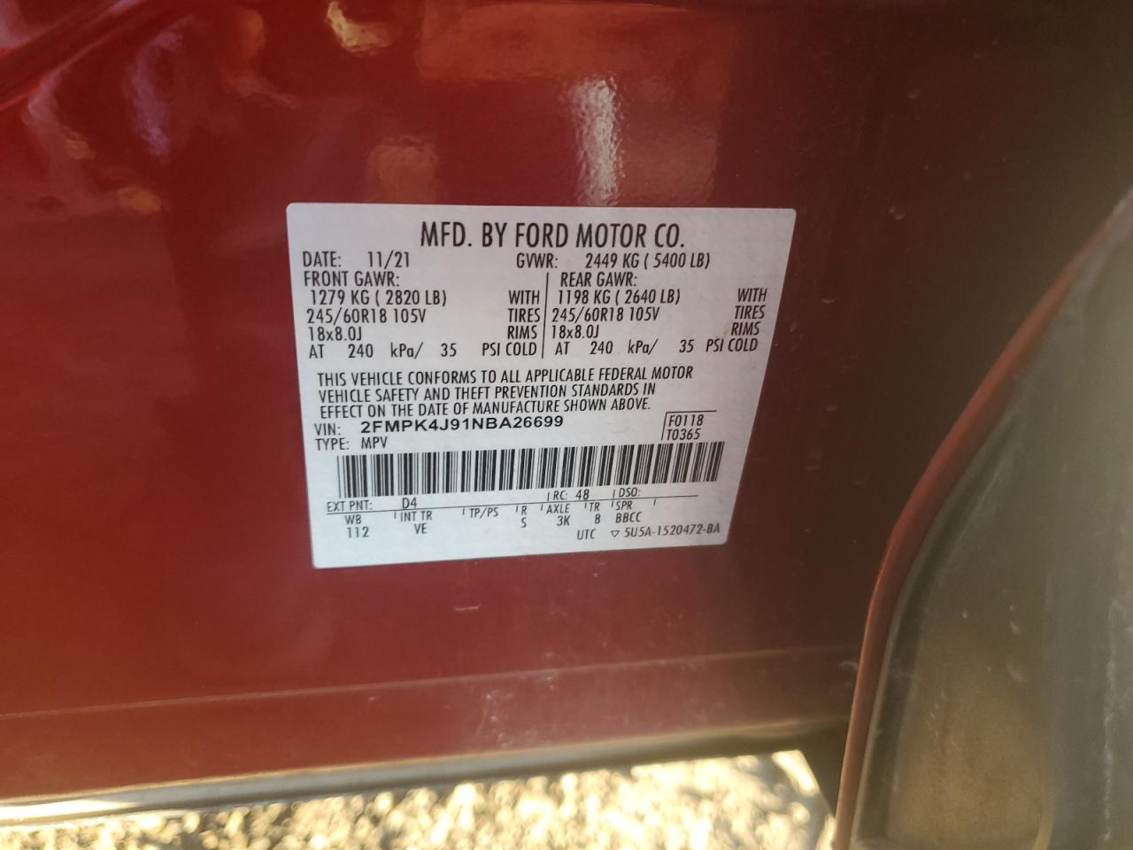 2022 Ford Edge Sel VIN: 2FMPK4J91NBA26699 Lot: 69202135