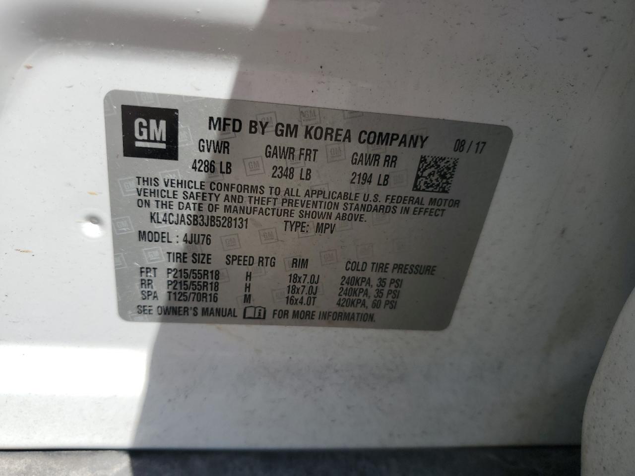 2018 Buick Encore Preferred VIN: KL4CJASB3JB528131 Lot: 70280055