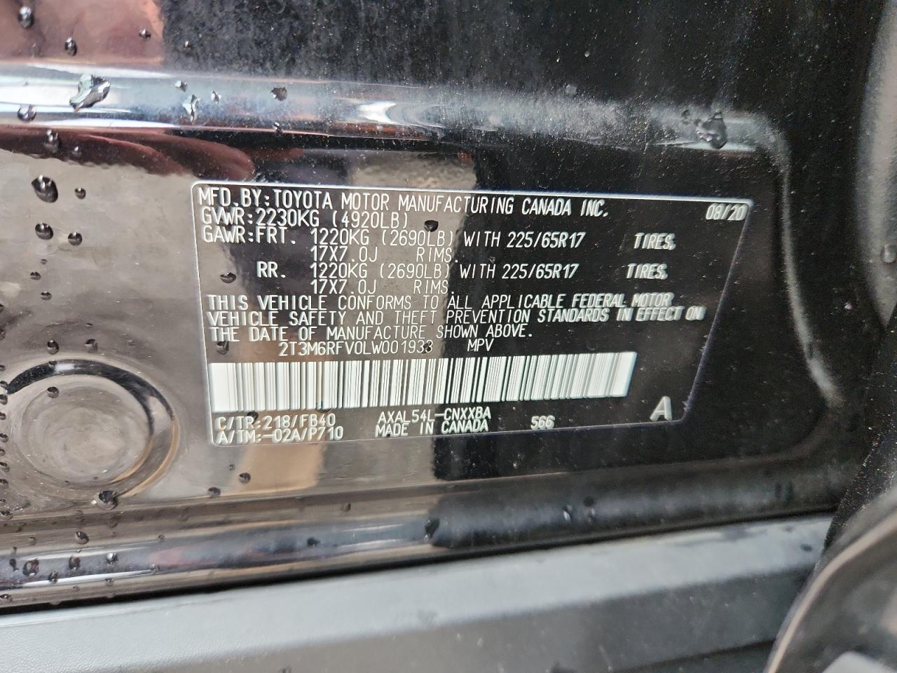 2020 Toyota Rav4 Le VIN: 2T3M6RFV0LW001933 Lot: 69658505