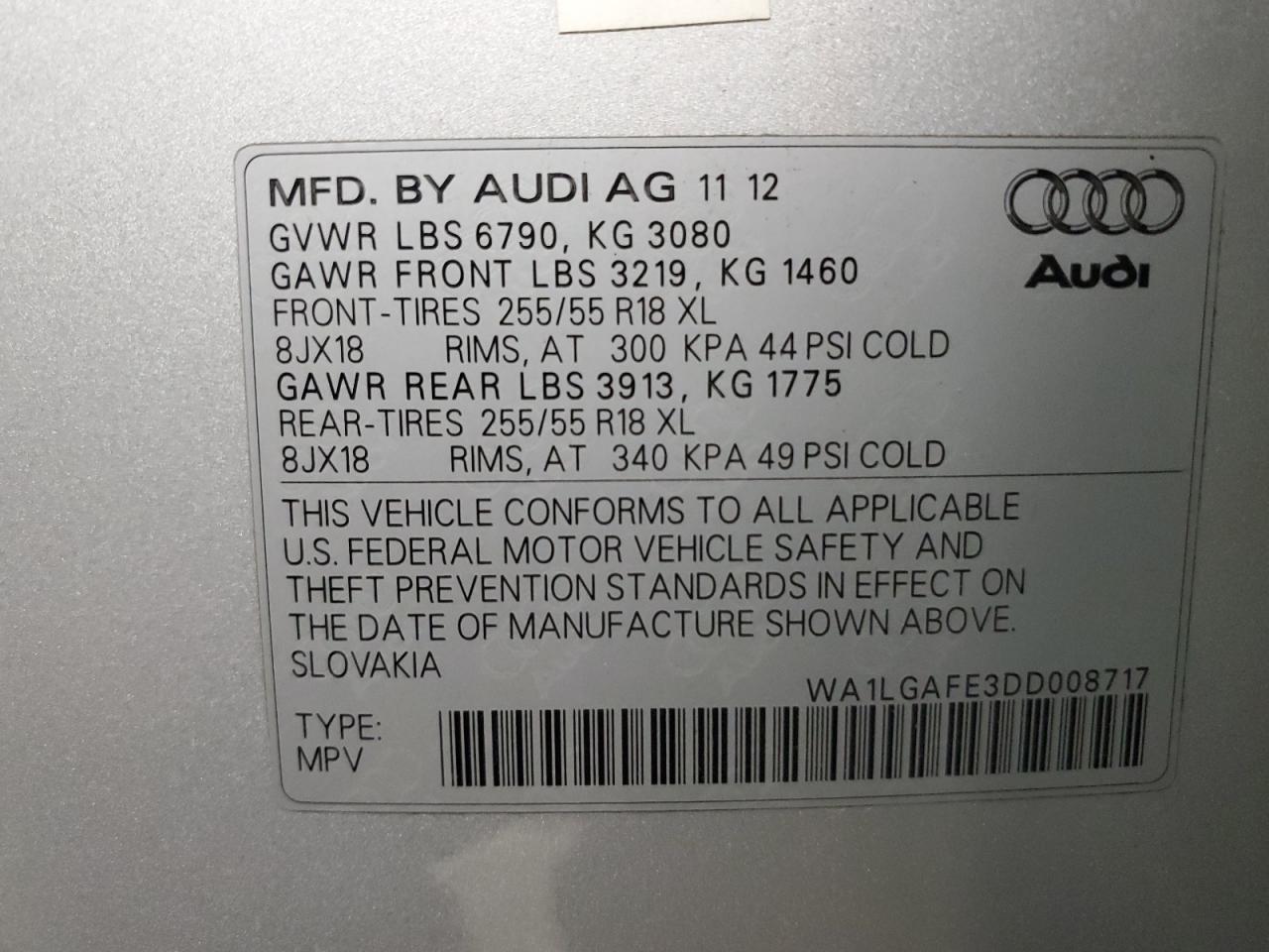 2013 Audi Q7 Premium Plus VIN: WA1LGAFE3DD008717 Lot: 69048655