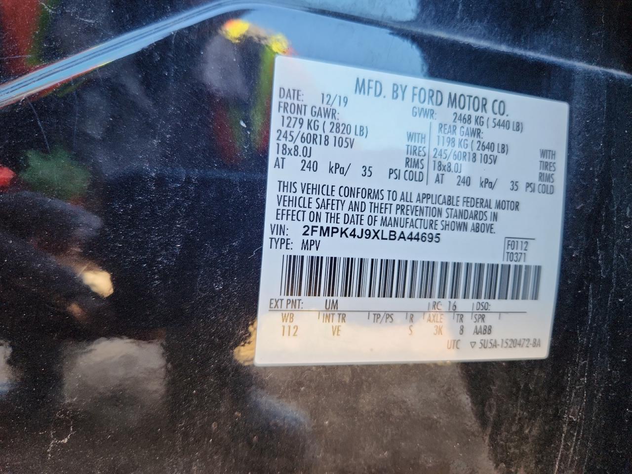 2020 Ford Edge Sel VIN: 2FMPK4J9XLBA44695 Lot: 71046475