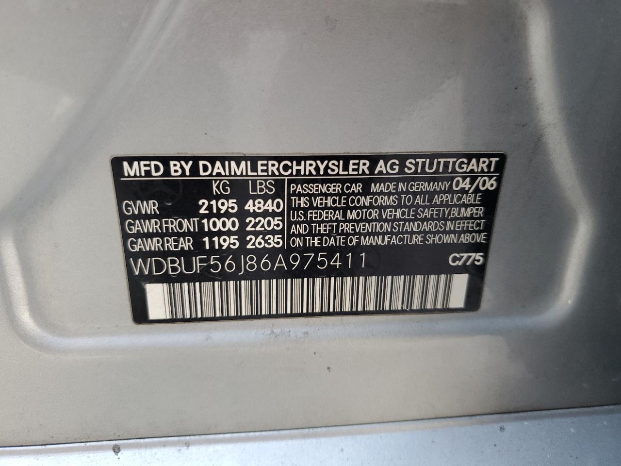 2006 Mercedes-Benz E 350 VIN: WDBUF56J86A975411 Lot: 70227055