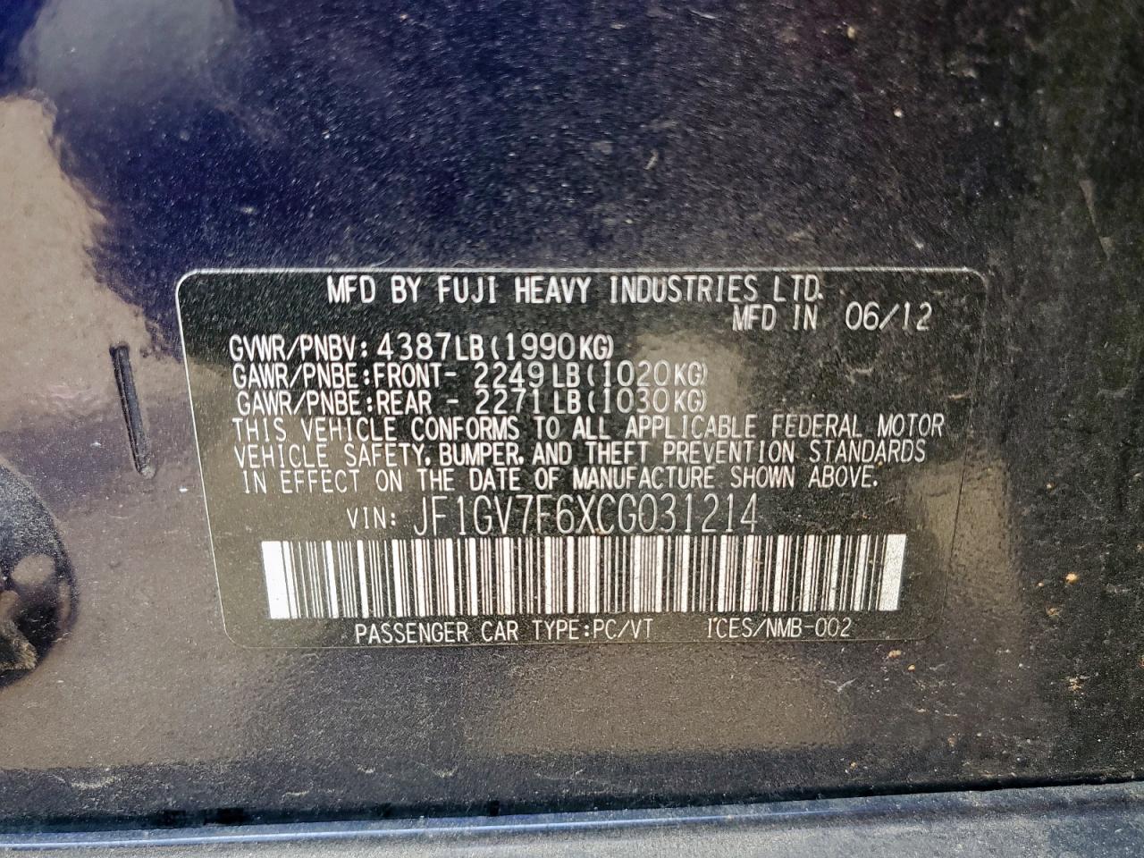 2012 Subaru Impreza Wrx VIN: JF1GV7F6XCG031214 Lot: 69784735