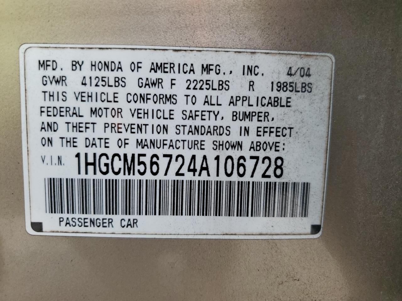 2004 Honda Accord Ex VIN: 1HGCM56724A106728 Lot: 67616335