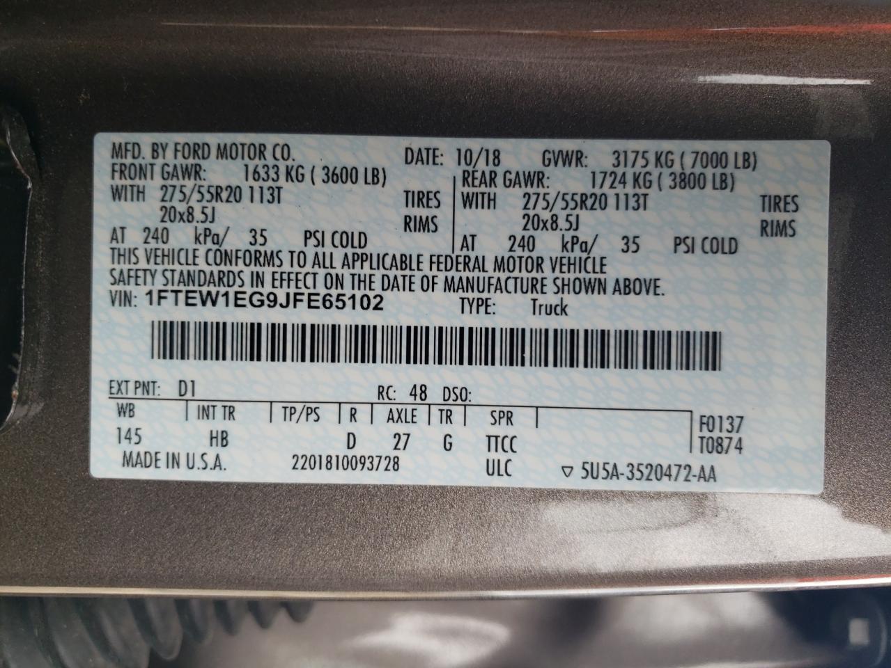 2018 Ford F150 Supercrew VIN: 1FTEW1EG9JFE65102 Lot: 69036755