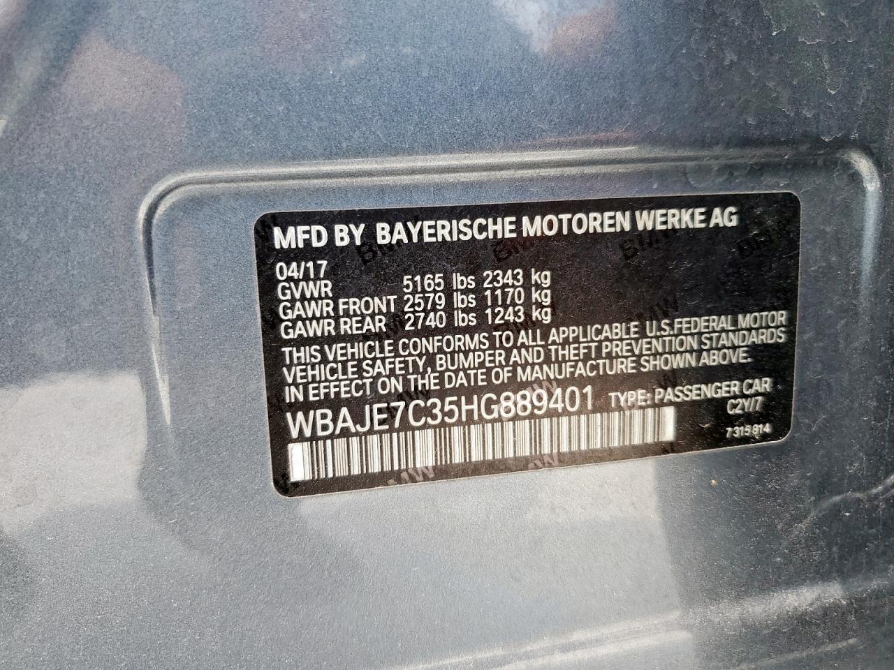 2017 BMW 540 Xi VIN: WBAJE7C35HG889401 Lot: 70183695