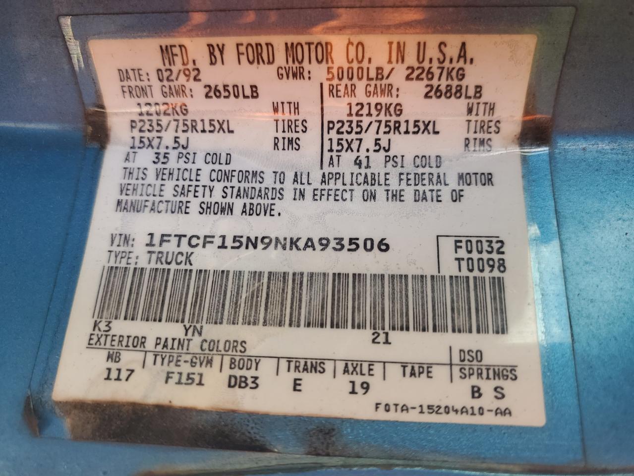 1992 Ford F150 VIN: 1FTCF15N9NKA93506 Lot: 70272575