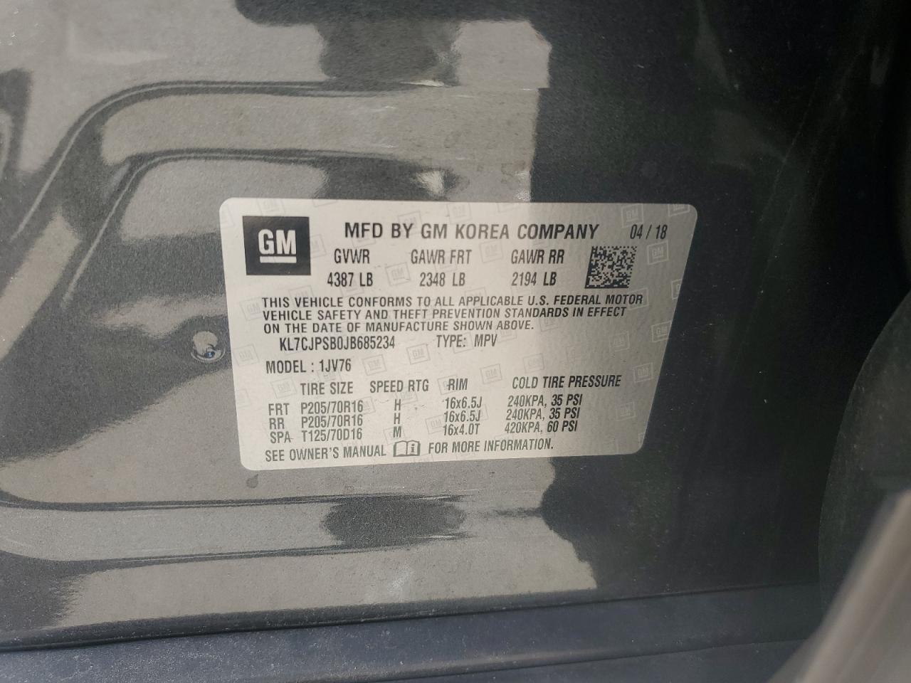 2018 Chevrolet Trax 1Lt VIN: KL7CJPSB0JB685234 Lot: 70227365