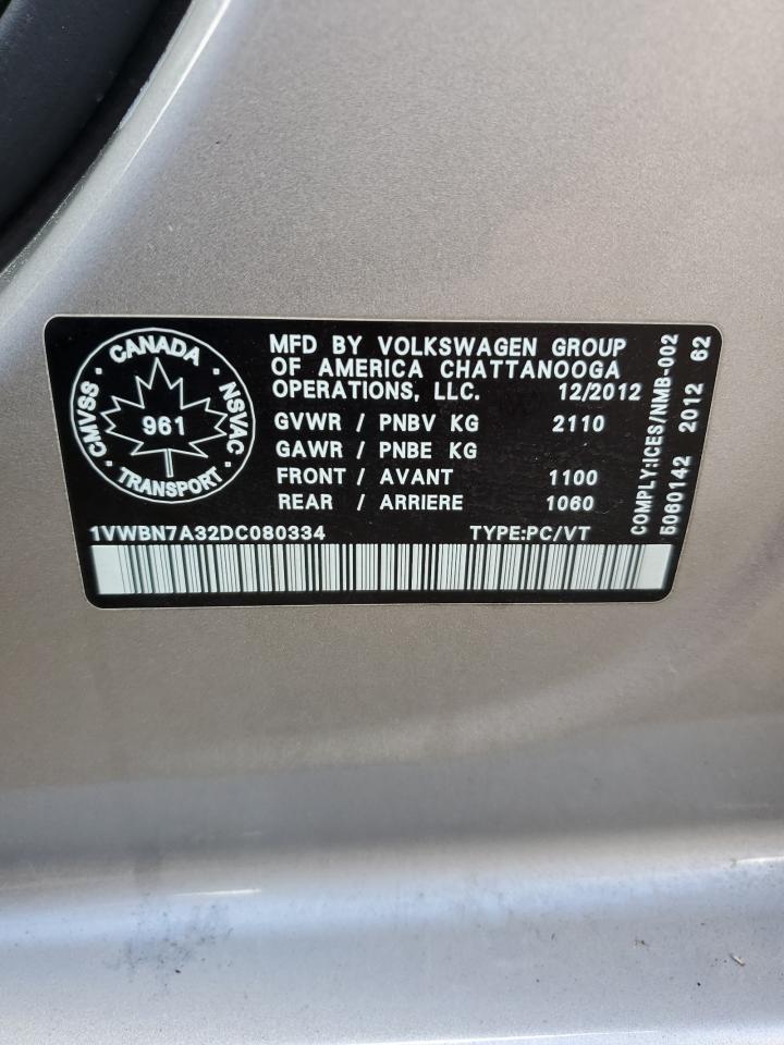 2013 Volkswagen Passat Se VIN: 1VWBN7A32DC080334 Lot: 69100705