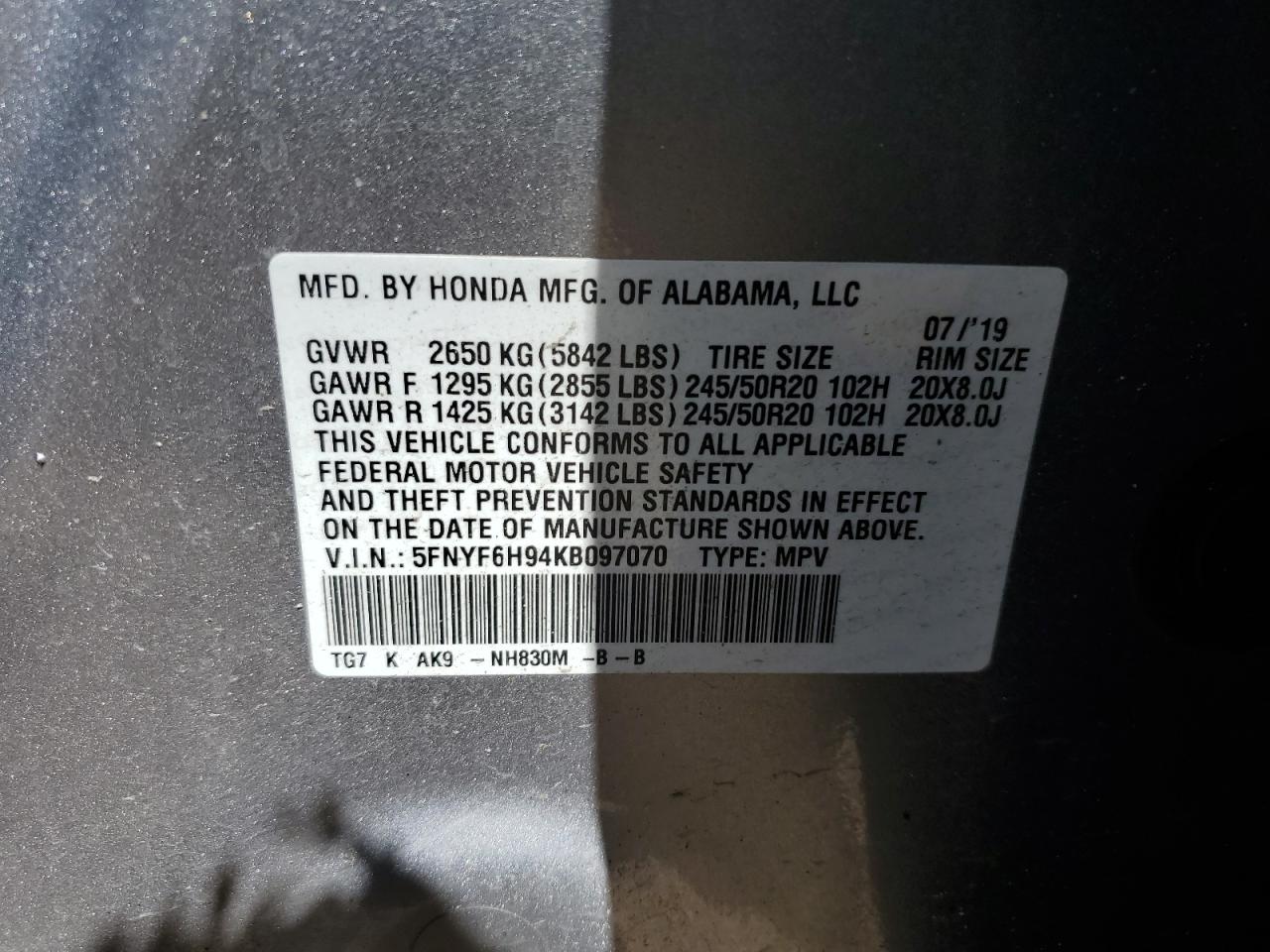 2019 Honda Pilot Touring VIN: 5FNYF6H94KB097070 Lot: 70765465