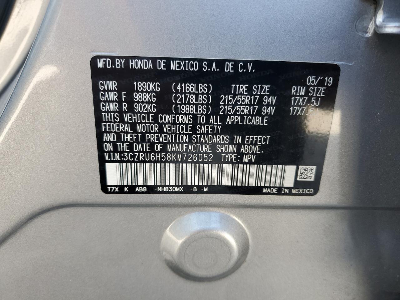 2019 Honda Hr-V Ex VIN: 3CZRU6H58KM726052 Lot: 68346955