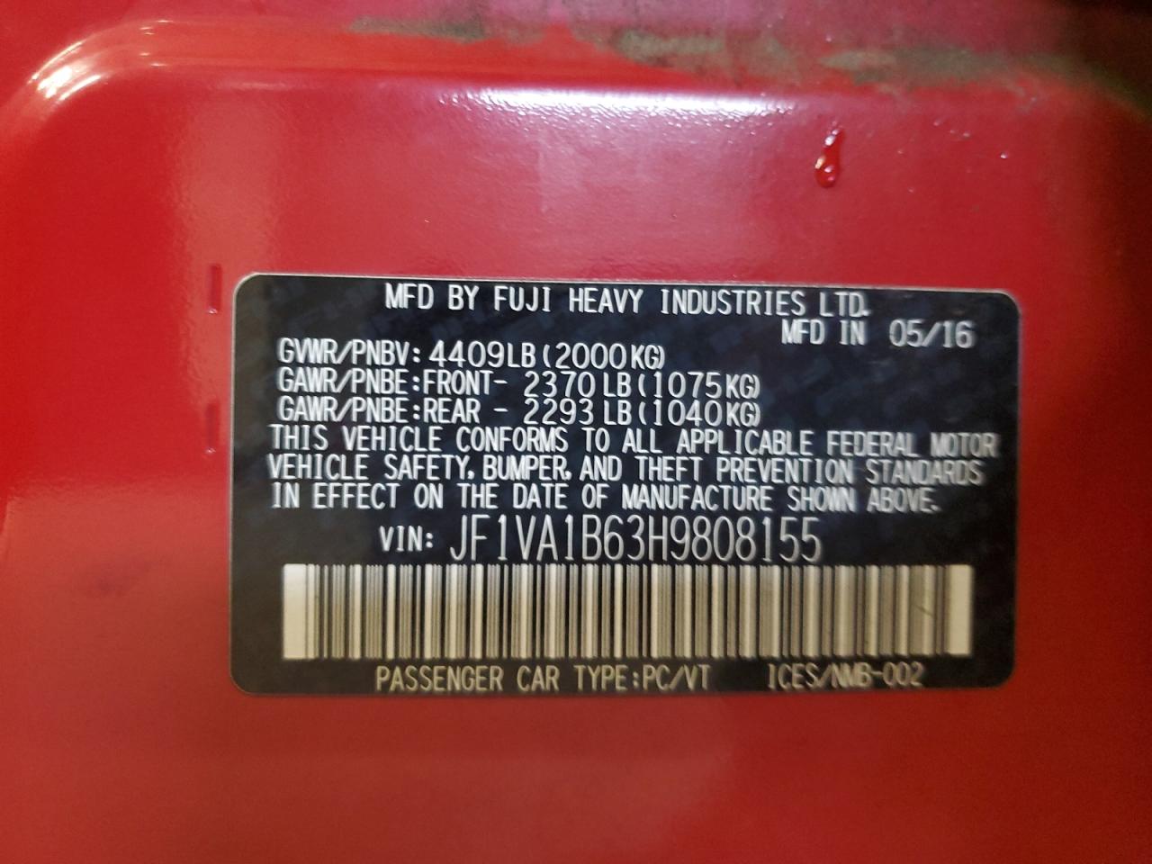 2017 Subaru Wrx VIN: JF1VA1B63H9808155 Lot: 69344555