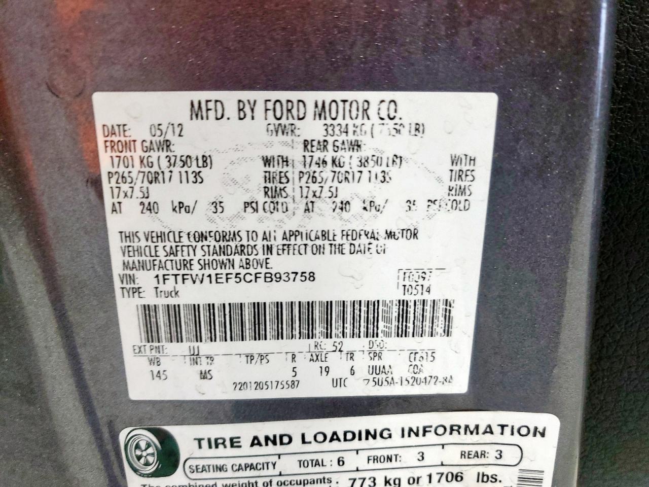 2012 Ford F150 Supercrew VIN: 1FTFW1EF5CFB93758 Lot: 69763385