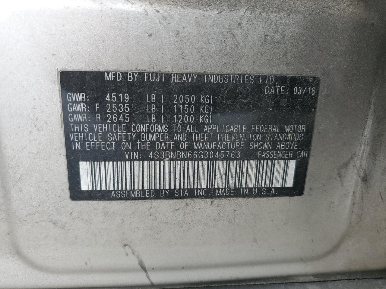 2016 Subaru Legacy 2.5I Limited VIN: 4S3BNBN66G3045763 Lot: 69357575