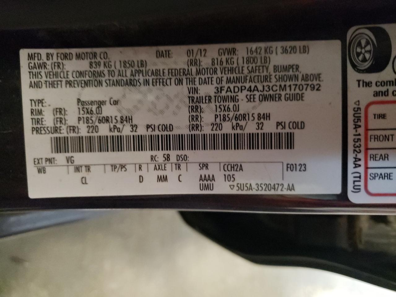 3FADP4AJ3CM170792 2012 Ford Fiesta S