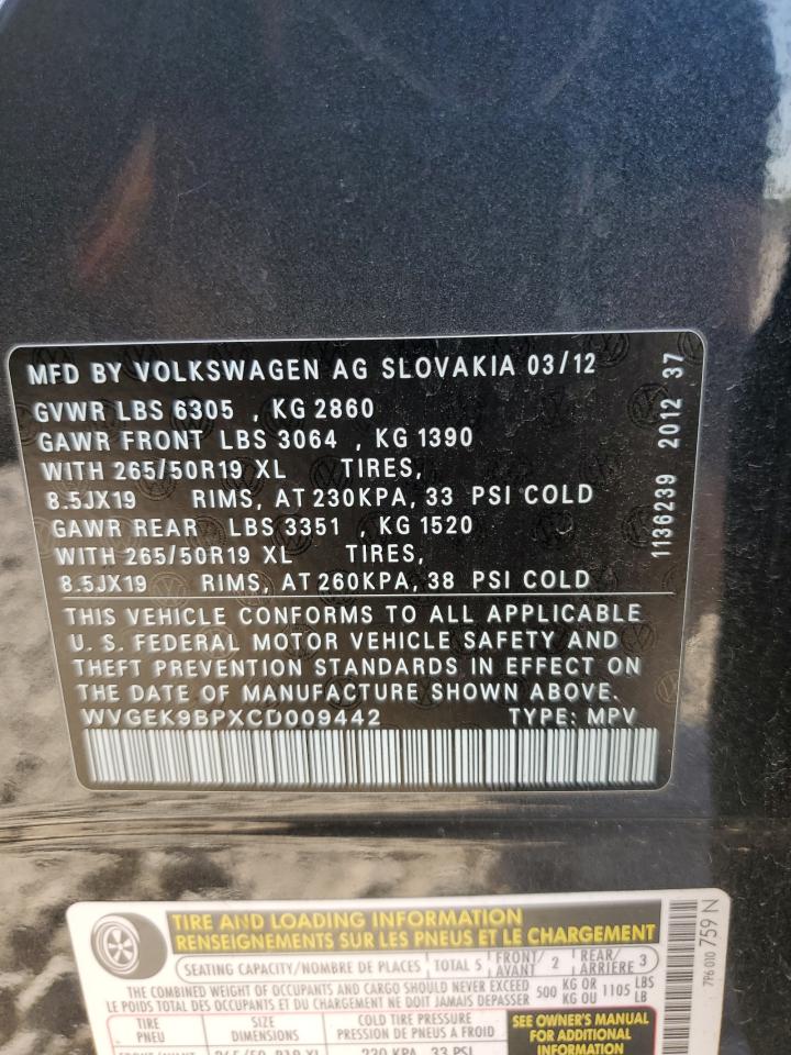 2012 Volkswagen Touareg V6 Tdi VIN: WVGEK9BPXCD009442 Lot: 70284115