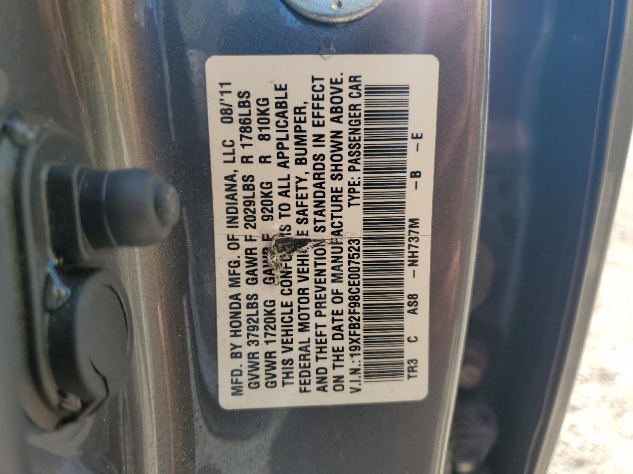 2012 Honda Civic Exl VIN: 19XFB2F98CE007523 Lot: 70513145