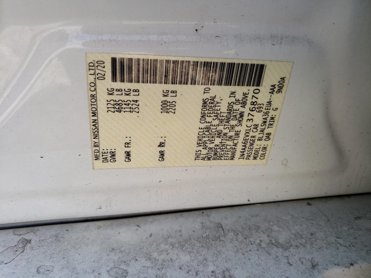 2020 Nissan Maxima Sr VIN: 1N4AA6EVXLC376870 Lot: 68290945