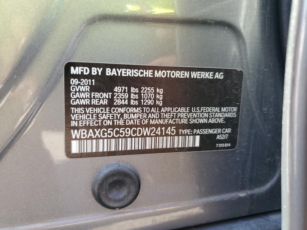 2012 BMW 528 I VIN: WBAXG5C59CDW24145 Lot: 70384985