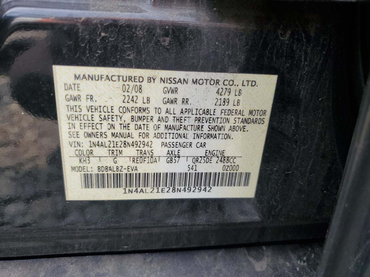 2008 Nissan Altima 2.5 VIN: 1N4AL21E28N492942 Lot: 67537255