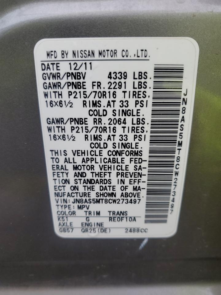 2012 Nissan Rogue S VIN: JN8AS5MT8CW273497 Lot: 69886185