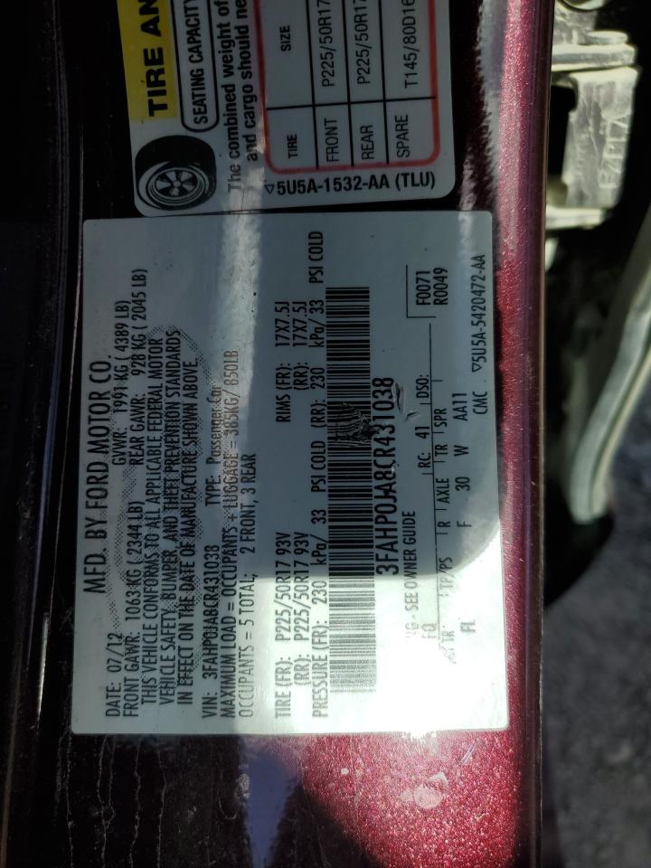 2012 Ford Fusion Sel VIN: 3FAHP0JA8CR431038 Lot: 70193705