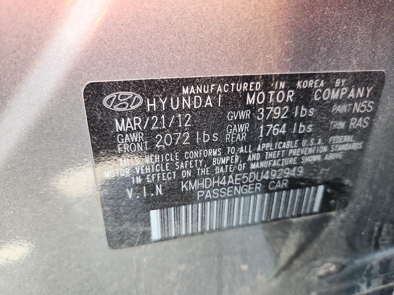 2013 Hyundai Elantra Gls VIN: KMHDH4AE5DU492949 Lot: 68885775