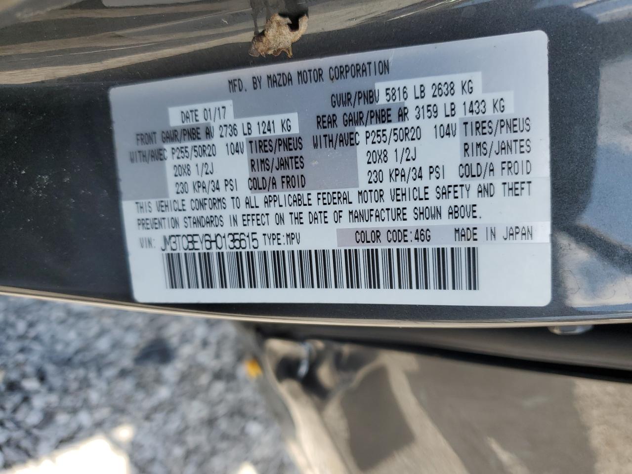 2017 Mazda Cx-9 Signature VIN: JM3TCBEY6H0135615 Lot: 69038405