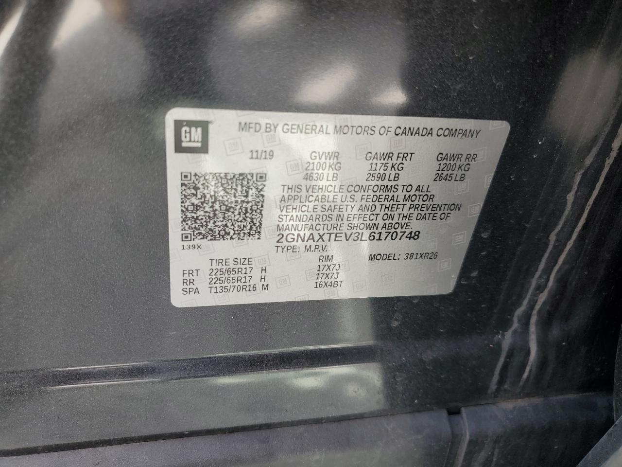 2GNAXTEV3L6170748 CHEVROLET EQUINOX 2020 GRAY Photo 13