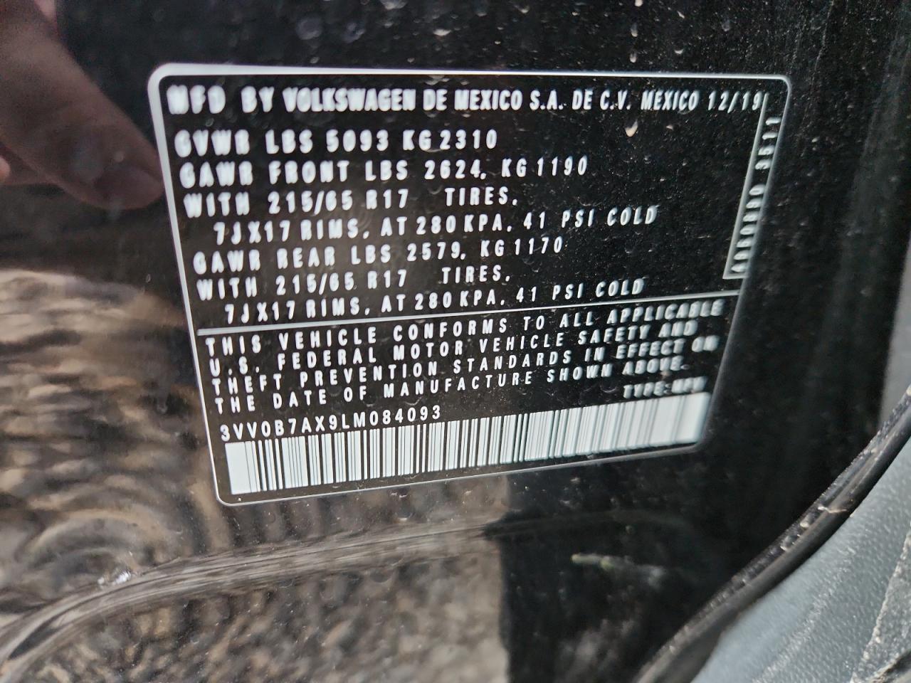 2020 Volkswagen Tiguan S VIN: 3VV0B7AX9LM084093 Lot: 70844015