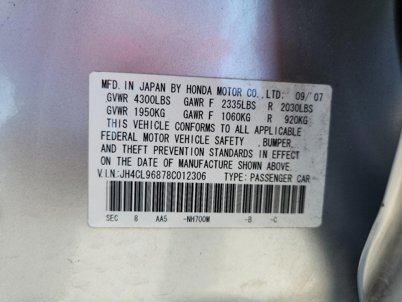 2008 Acura Tsx VIN: JH4CL96878C012306 Lot: 69704255